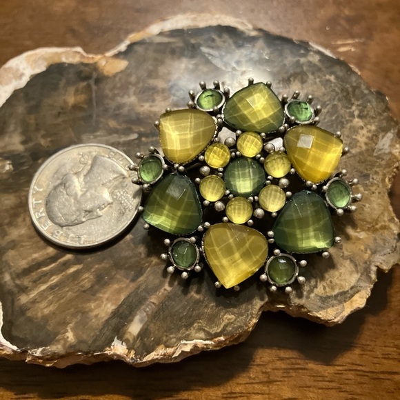 Yellow and Green Blossom Brooch Silver Tone Setting 1 1/2” Diameter - Picture 2 of 3